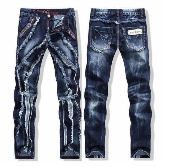 

punk style men's blue jeans rivet rock distressed ripped slim fit skinny cotton pants ing