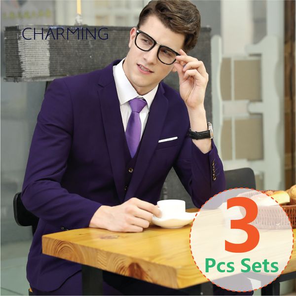 

мужчины 3 шт костюмы для мужчин (костюм + жилет + брюки) высокое качество ткани жених платье формальные случаи мужские фиолетовый костюм, Black;gray