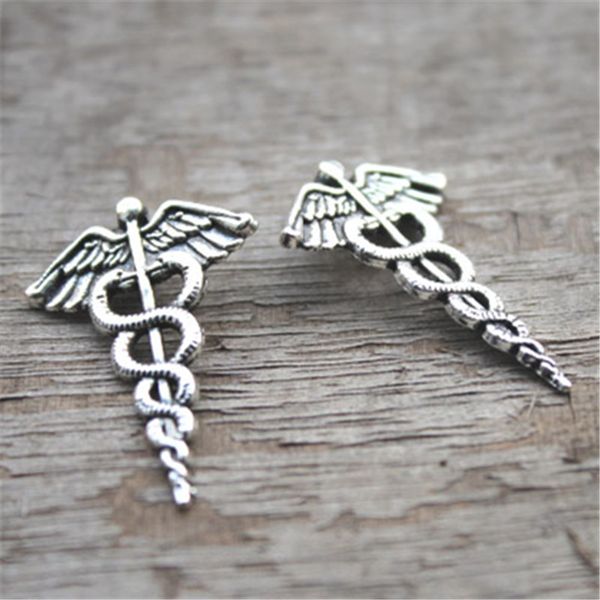 

30pcs--Antique Tibetan silver Caduceus Medical Symbol Mercurial Staff with Wings Snakes Charms 30x20mm