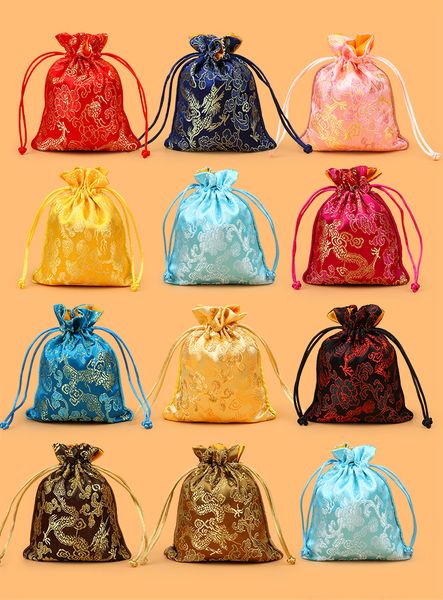 

dragon pattern small silk brocade pouch drawstring packaging bags for jewelry empty tea candy gift bag trinket coin pocket with lined 11x15, Pink;blue