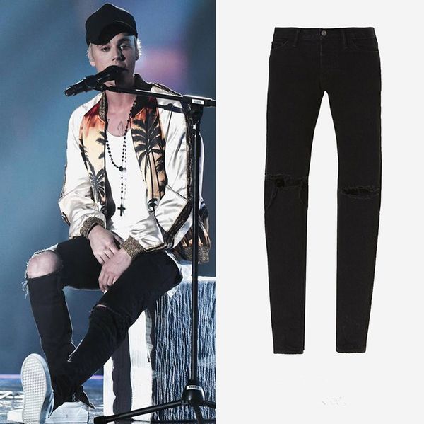 

2017 new fashion fear of god fog zippers skinny slim fit mens distressed black cotton denim jeans men jean, Blue