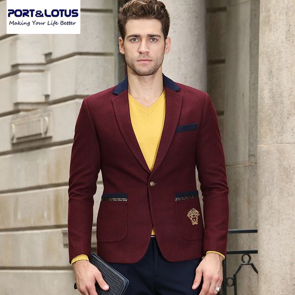 

wholesale- port&lotus blazer men new arrival with stitching color single button fashion casual suit notch lapel blazer masculino 010, White;black