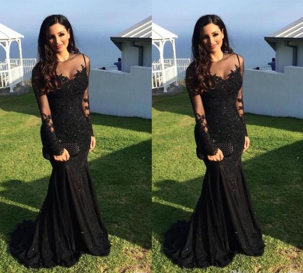 

вечерние платья 2017 sexy arabic jewel шеи иллюзия кружева аппликации кристалл бисером черный русалка с длинными рукавами вечернее платье пр, Black