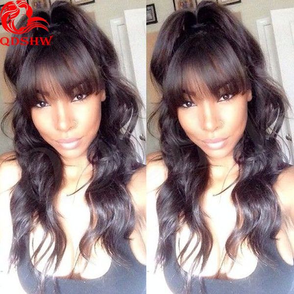 

full lace human hair wigs bangs pre plucked glueless body wave virgin brazilian human hair lace front wigs with bangs for black women, Black;brown
