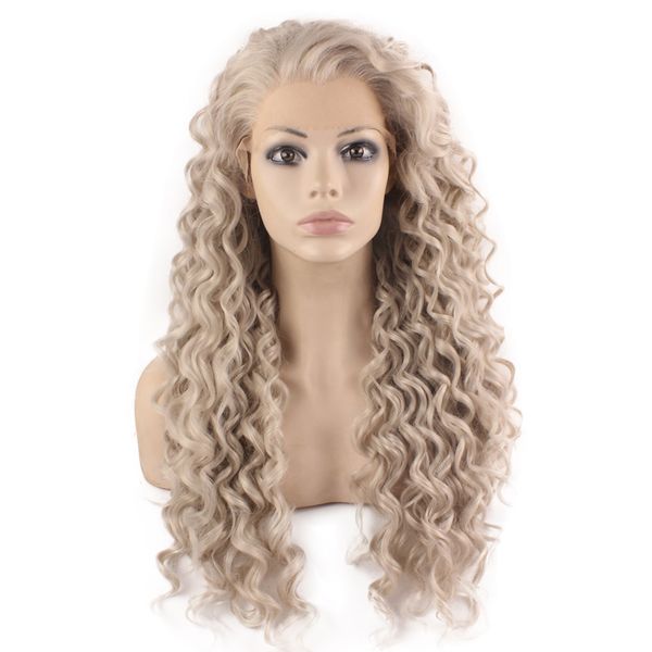 

long curly gray blond heat safe fiber hair lace front wig, Black