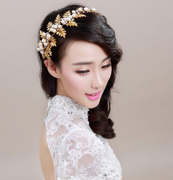 Gold Leaves Rhinestone Bridal Hair Accessories Faux Pearl Bride