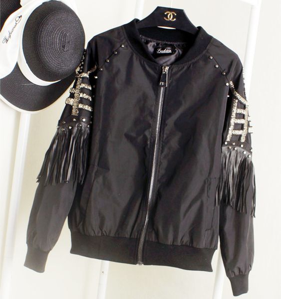 

wholesale- spring autumn jacket women fashion stand collar baseball rock jackets tassels rivets bomber jacket coat chaquetas mujer ns462, Black;brown