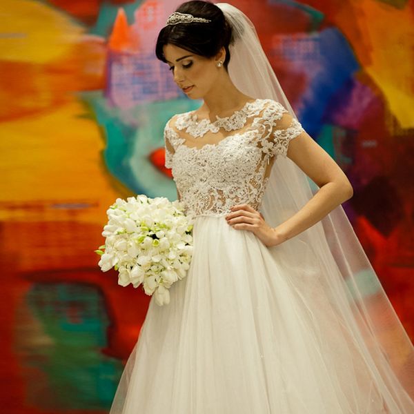 

с коротким рукавом свадебные платья жемчуг кружева тюль a line длина пола новые романтические свадебные платья нестандартного размера, White