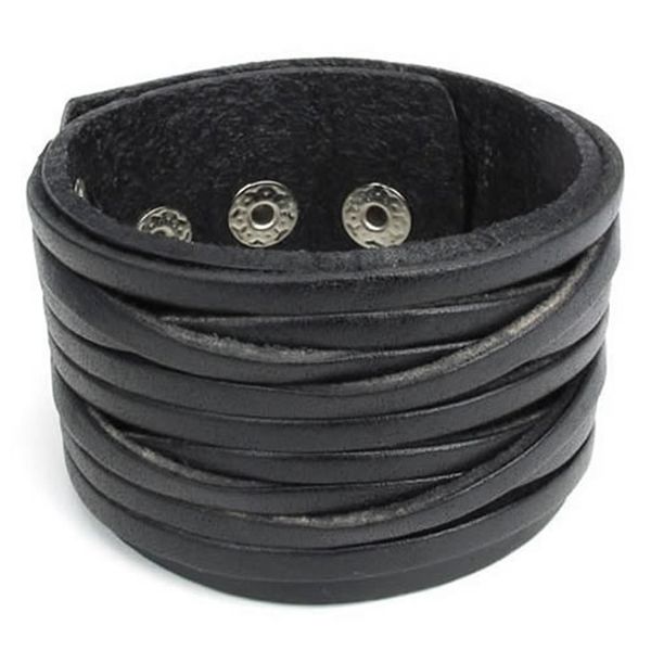 

wholesale- wide genuine leather mens bangle cuff bracelet, punk rock, fits 7.5" to 9", black, White