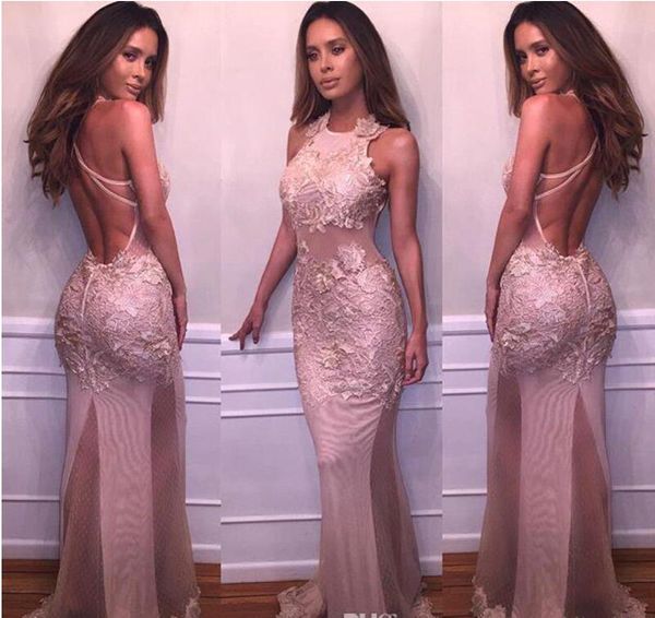 

2017 новый дасти роуз русалка пром платья холтер шеи кружева аппликации сексуальные вечерние платья спинки старинные формальные партии вечер, Black