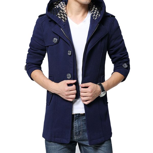 

новый осенняя мода марка-одежда куртка мужчины шерсть пальто новый дизайн горох пальто мужские съемный капюшоном тренч зимнее пальто мужчины, Black