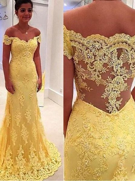 Abito da sera giallo da ballo Abiti da sera convenzionali economici Appliques modesti personalizzati Perline con spalle scoperte Abito lungo stile sirena Ragazze eleganti