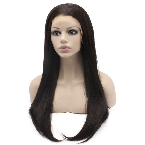 

24" long dark brown natural daily use synthetic lace front wig s02, Black