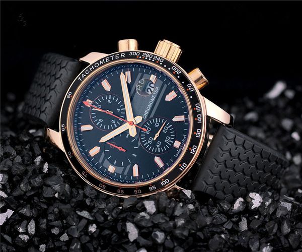 

quartz satch luxury men's chronograph watch gold case black rubber wristwatch 532, Slivery;brown