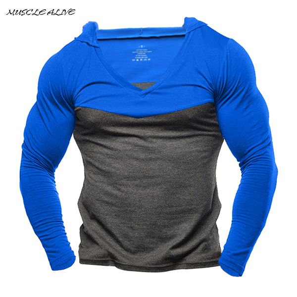 

wholesale- muscle alive brand-clothing sportswears tights hoodies mens fitness workout bodybuilding shirts gyms clothing cotton long sleeve, Black
