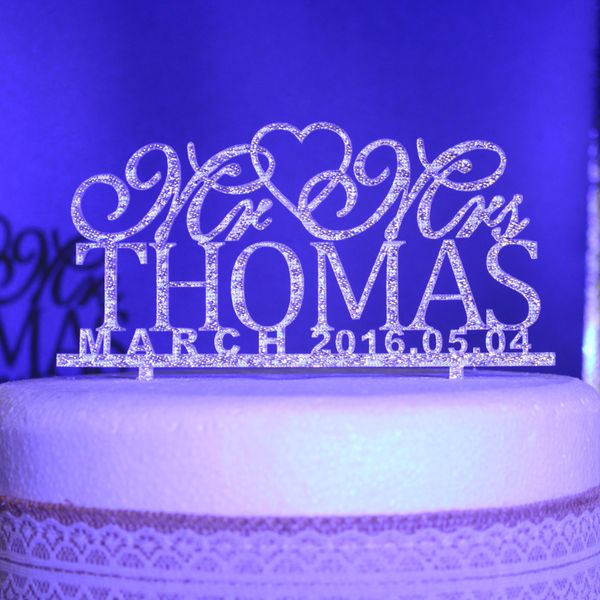

wholesale-personalized wedding cake ers, custom name date mr mrs acrylic gold silver glitter wedding party decoration cake accessory