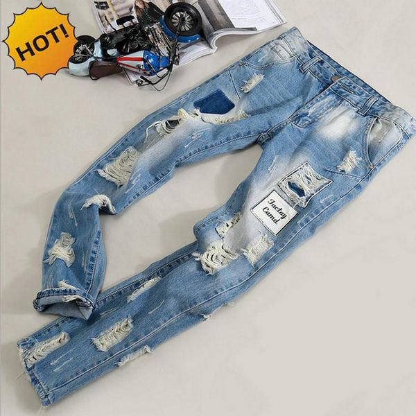 

fashion mens hole ripped jeans men beggar patch slim fit stretch washing light blue hip hop street wear boys harem pants bottoms