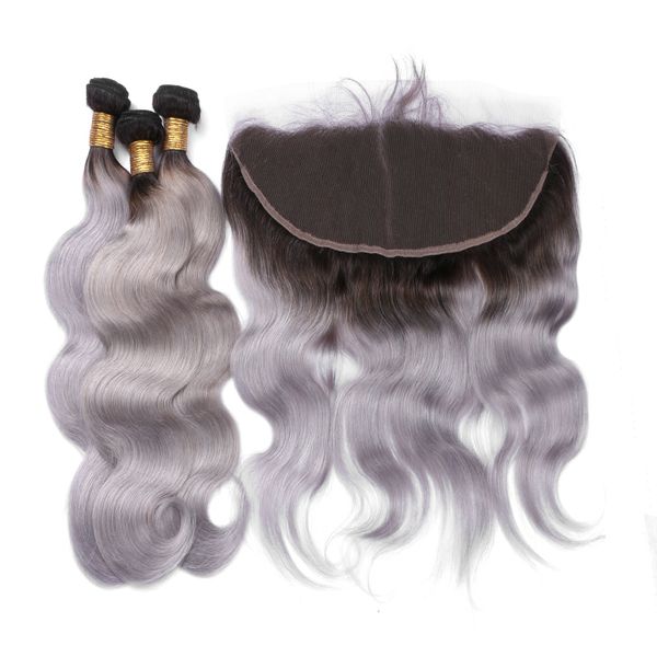 

Indian 1b grey hair weave 3 bundle with lace frontal clo ure ilver grey dark root ombre hair exten ion with 13x4 frontal body wave