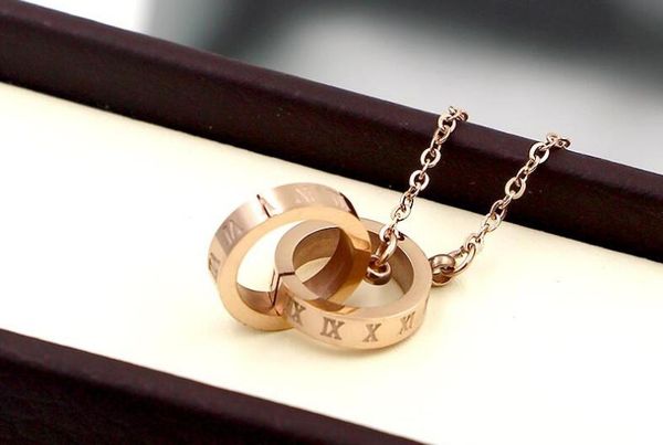

korean tide female roman digital double ring short necklace fashion interlocking titanium plated rose gold clavicle chain, Silver