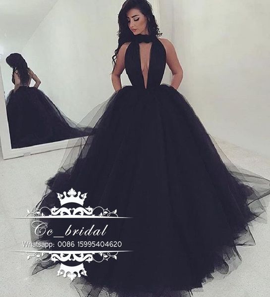 

Halter backle black prom dre e 2017 new long formal dre evening wear puffy tulle women cocktail party gown cu tom made