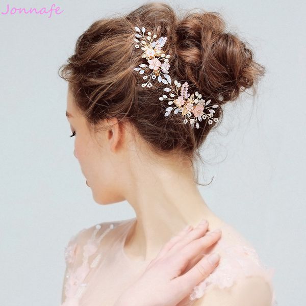 

beijia Pink Shell Flower Birdal Hair Clip Accessories Crystal Wedding Jewelry Hair Vine Women Headpiece Handmade