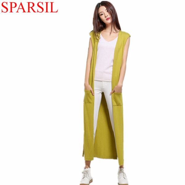 

wholesale-sparsil women autumn&spring knitted cashmere blend long cardigan with pocket fashion split style sleeveless knitwear sweater, White;black