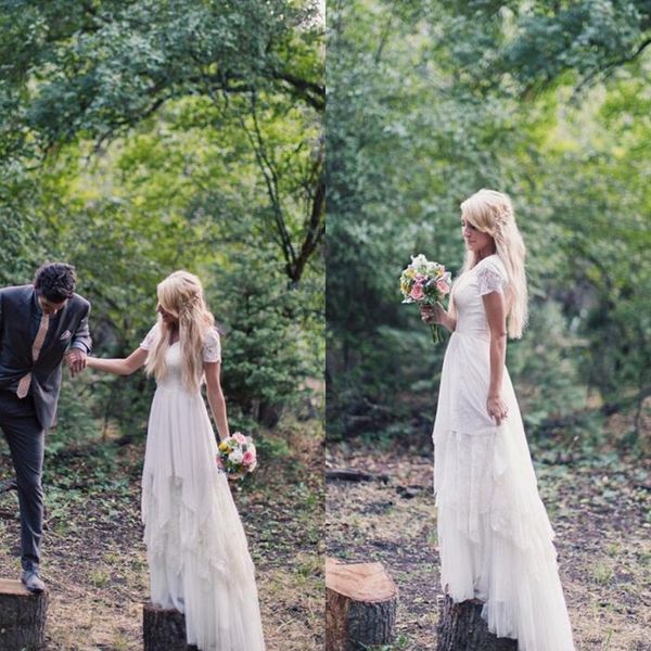 

modest plus size country wedding dresses asymmetrical tiers skirt short sleeve bohemian bridal gowns, White