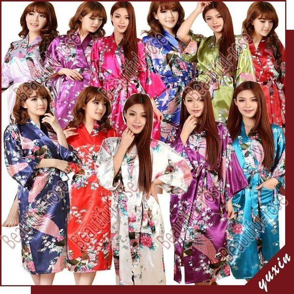 

wholesale- long style women plain silk satin robes peacock printed silk kimono robes wedding party bridesmaid bride gown kimono robe, Black;red