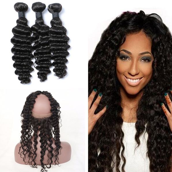 Pre Plucked 360 Lace Frontal Closure With Bundles Brazilian Deep Wave Virgin Human Hair Weaves With 360 Full Lace Frontals Baby Hair Sew In Weave
