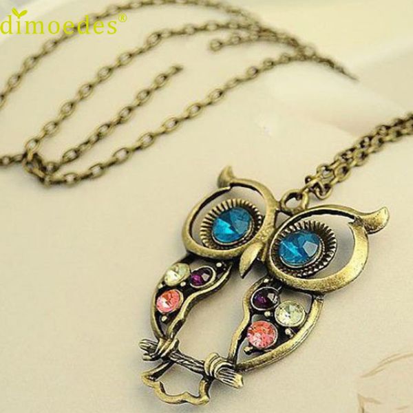 

wholesale- diomedes gussy life fashion lady crystal big blue eyed owl long chain pendant sweater coat necklace collar escudo dec1, Silver