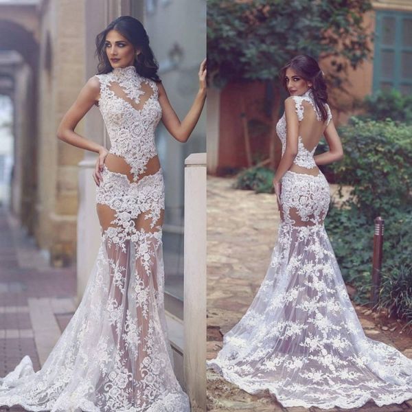 

2019 lace mermaid evening gowns high neck sheer back formal dress appliqued sweep train sheath prom dresses custom made, Black;red