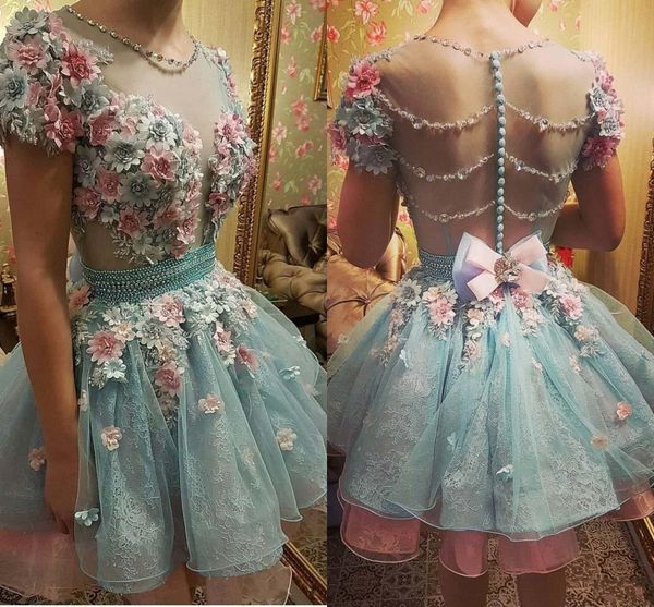 

3d floral flowers light sky blue homecoming dresses with beads pearls sweet 16 short sleeve prom gowns formal cocktail dresses, Blue;pink