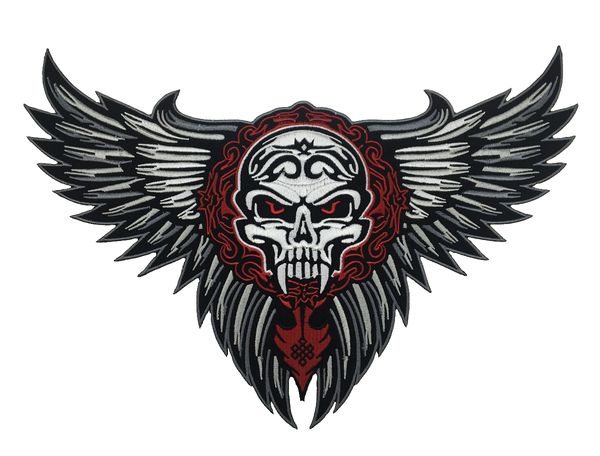 Kostenloser Versand großer Schädelflügel Tribal Tattoo Biker Jacke Rider Weste bestickte Patch Eisen auf Nähte auf Jacke Stickerei