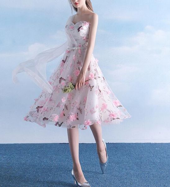 

pink flowers butterfly printed one shoulder prom dresses tea length a line short party gowns lace up back custom size, Black