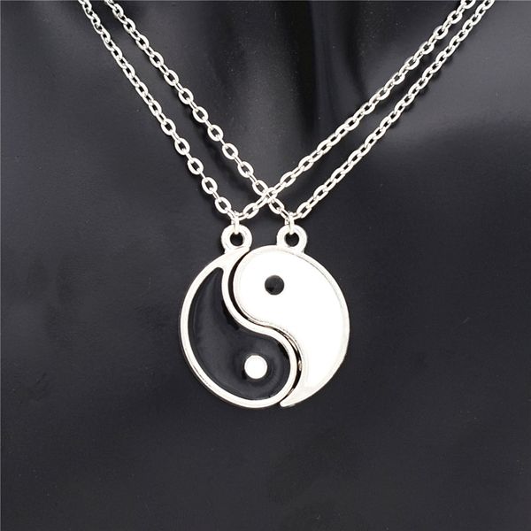 

wholesale-1pair romantic enamel black and white friend tai chi pendants bff yin yang necklace friendship lover couples christmas gift, Silver