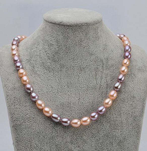 

7-8mm pink purple rice shape natural pearl necklace 17 inch 925 silver clasp