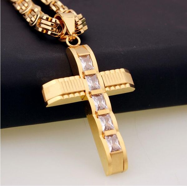 Corrente dos homens Meninos Esculpido Ouro Prata Cruz de Pingente de Colar de Pingente de Aço Inoxidável Claro Preto Rhinestones DLKPM86