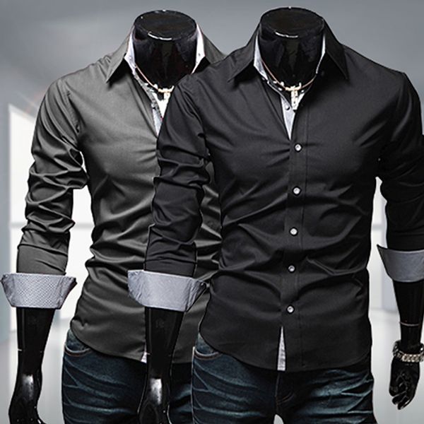 

wholesale- men's stylish slim fit long sleeve dress shirt casual tee business shirts, White;black