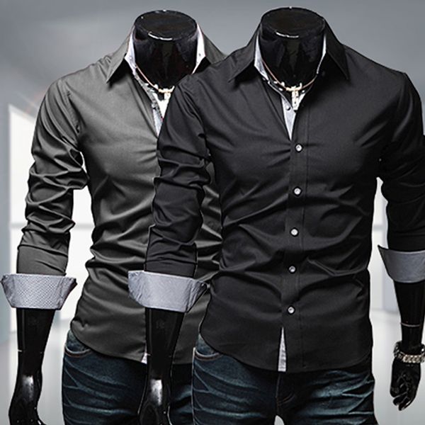 Atacado - homens elegante em forma de manga longa camisa de vestido camisa casual tops