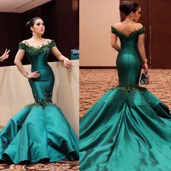 

2020 Sexy Emerald Green Элегантный Off Плечи Русалка Вечерние платья Кружева Аппликации бисе