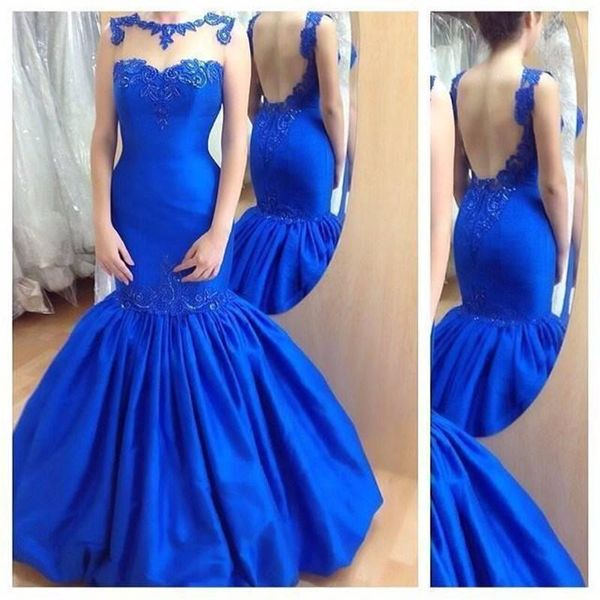 

2017 new elegant royal blue mermaid prom dresses capped sleeves lace applique backless evening gowns plus size party dresses, Black