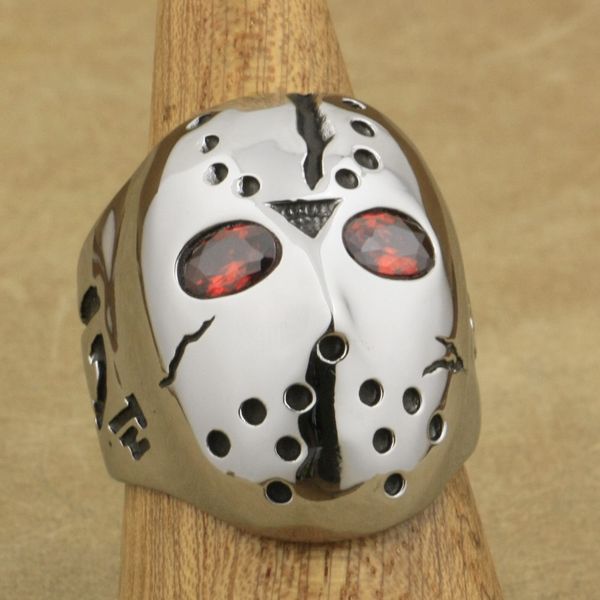 

linsion 316l stainless steel halloween jason mask hockey red cz eyes mens biker rocker punk ring cubic zirconia ring 3f301, Golden;silver
