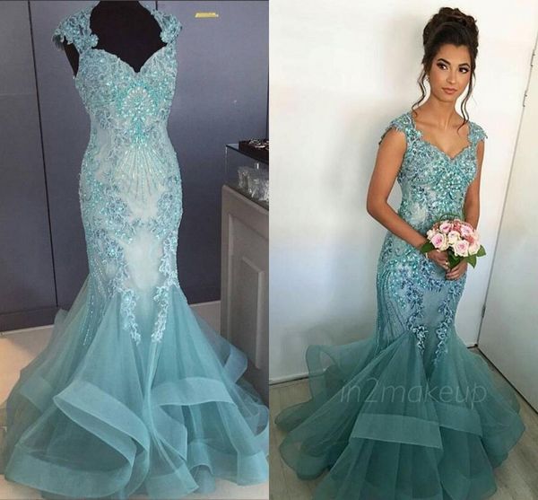 

Lace beaded 2016 arabic prom dre e cap leeve mermaid tulle evening dre e vintage formal party gown