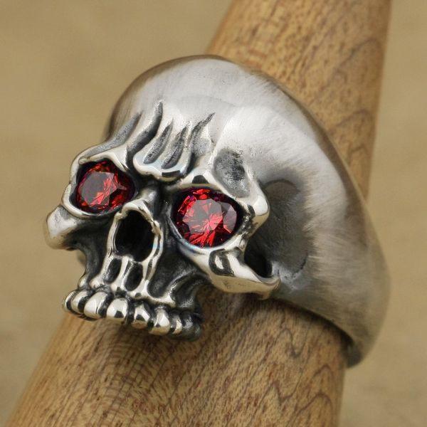 

linsion handmade 925 sterling silver red cz eyes mens biker skull ring ta63 us size 7 to 15, Golden;silver