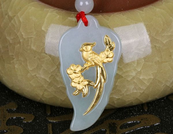 

gold inlaid jade (leaves) magpie on may jade pendant charm necklace pendant, Silver