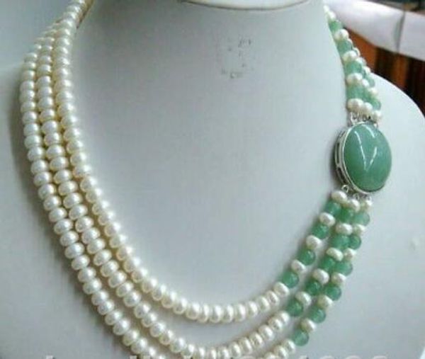 

charming women's jewelry 3 row white freshwater pearl jade necklace, Silver