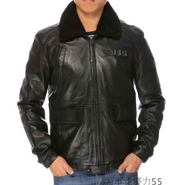 

2017 black lambskin lapel neck sheepskin flight leather suits motorcycle men leather jacket 100% genuine leather