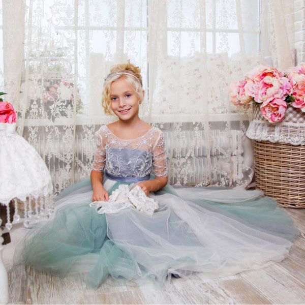 

2017 New Wedding Party Formal Flowers Girl Dress Baby Pageant Dresses Grey First Cummunion Toddler Kids Tulle Customize