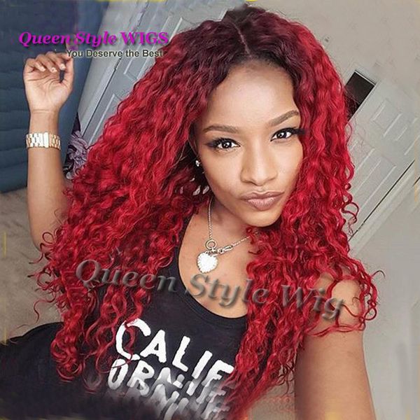 Premium Natural Brazilian Water Beach Kinky Curly Hair Lace Wig Synthetic Black Ombre Burgundy Color Lace Front Wigs For Dark Skin Women Man Wig No