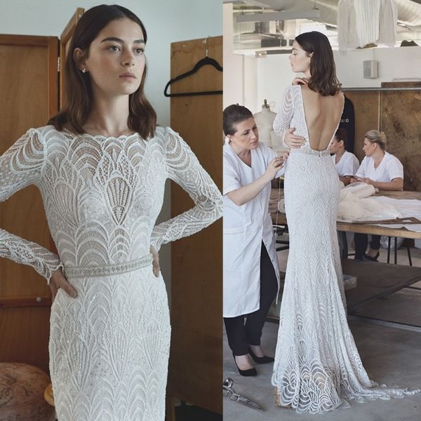 

lihi hod mermaid wedding dresses 2019 full lace backless bridal gowns beaded long sleeve plus size wedding dress, White